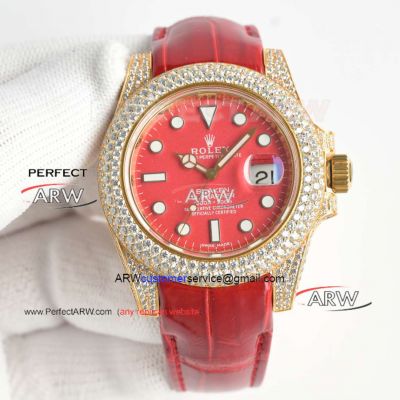 Swiss Replica Rolex Submariner Red Face Iced Out Yellow Gold Alligator Strap 3135 Watch